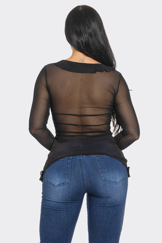 Selma Sheer Long Sleeve Front Tie Cardigan With Ruffle - Black top for women Vacation Outfits Birthday Dresses Going Out Looks