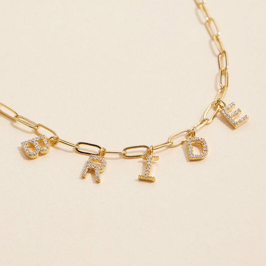 Semi Fine Collection - 18K Gold Dipped Brass Metal Stone Paved BRIDE Monogram Charm Paperclip Chain Necklace - Gold Necklace for women Vacation Outfits Birthday Dresses Going Out Looks