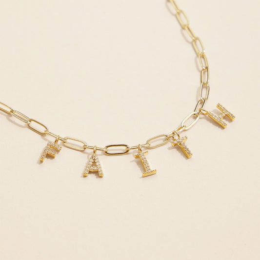 Semi Fine Collection – 18K Gold Dipped FAITH Monogram Charm Paperclip Chain Necklace - Gold Necklace for women Vacation Outfits Birthday Dresses Going Out Looks