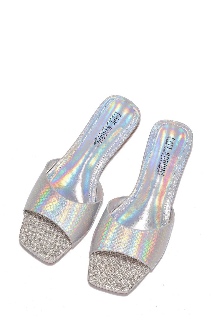 Seya Holo Metallic Snake Print Sandals by Cape Robbin - Silver sandals for women Vacation Outfits Birthday Dresses Going Out Looks