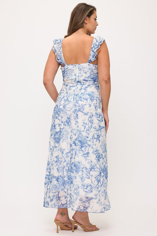 Sky Blossom Floral Mesh Maxi Dress – Plus Size Ruffle Sleeve Dress - Light Blue dress for women Vacation Outfits Birthday Dresses Going Out Looks