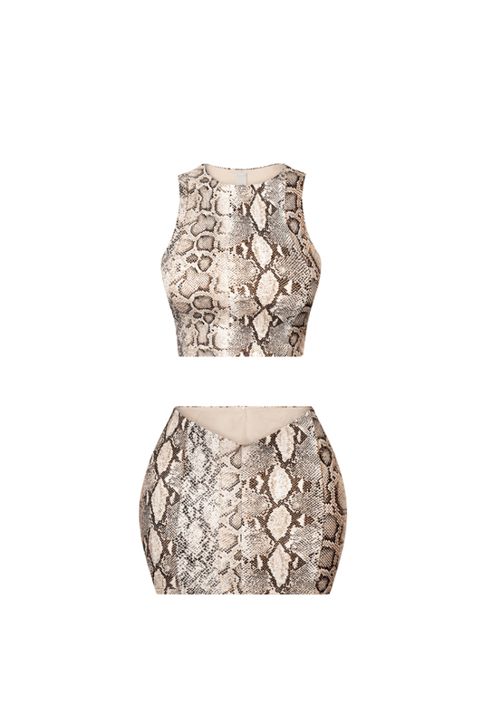 Snake Print Matching Set – Crop Top & Low Rise Mini Skirt for Women - mocha SKIRT SET for women Vacation Outfits Birthday Dresses Going Out Looks