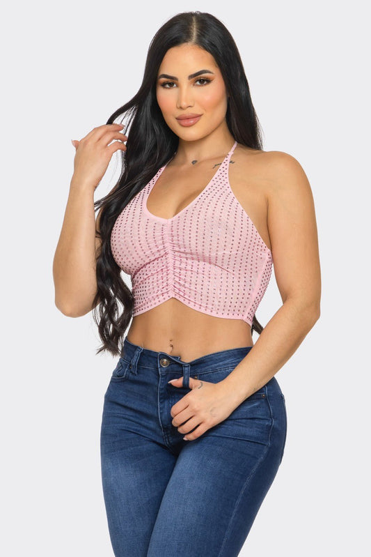 Sophie Stylish Studded Halter Tie Crop Top - Pale pink top for women Vacation Outfits Birthday Dresses Going Out Looks