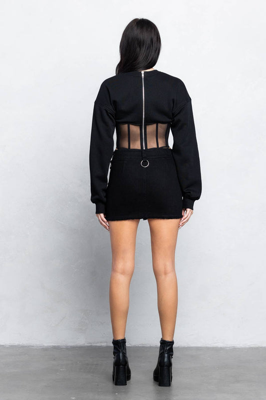 Stacy Mesh Bustier Detail Fleece Sweatshirt – Cozy Meets Chic - Black top for women Vacation Outfits Birthday Dresses Going Out Looks