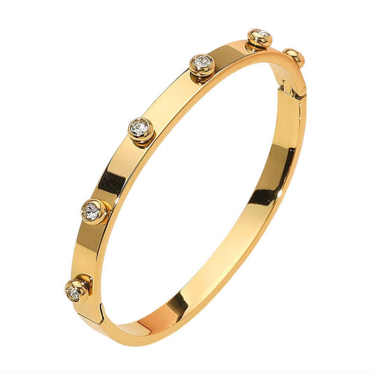 Stainless Steel Gold Stone Bezel Around Hinged Bangle Bracelet - Gold bracelet for women Vacation Outfits Birthday Dresses Going Out Looks