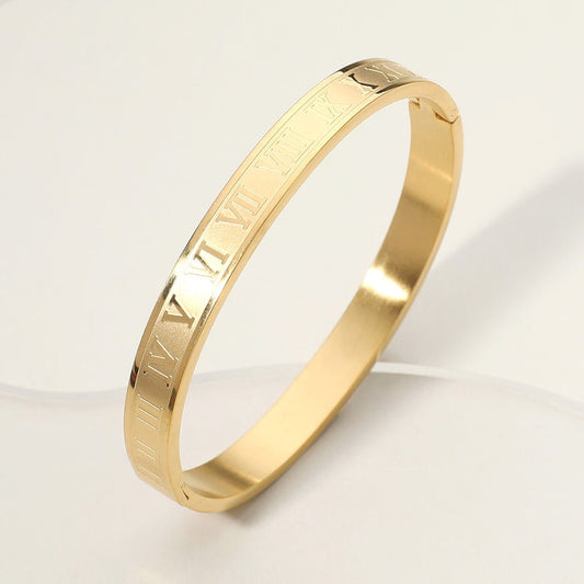 Stainless Steel Roman Numeral Embossed Hinged Bangle Bracelet - Gold bracelet for women Vacation Outfits Birthday Dresses Going Out Looks