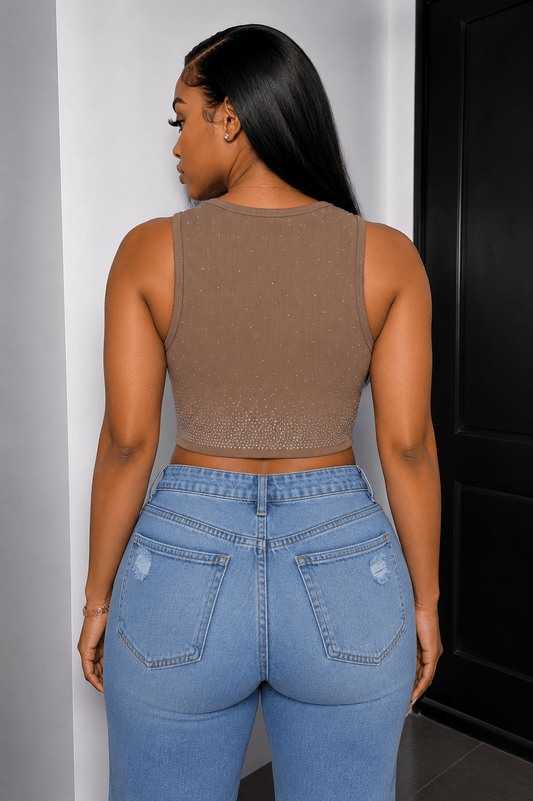 Starlight Rhinestone Stetch Crop Top - mocha Crop Top for women Vacation Outfits Birthday Dresses Going Out Looks