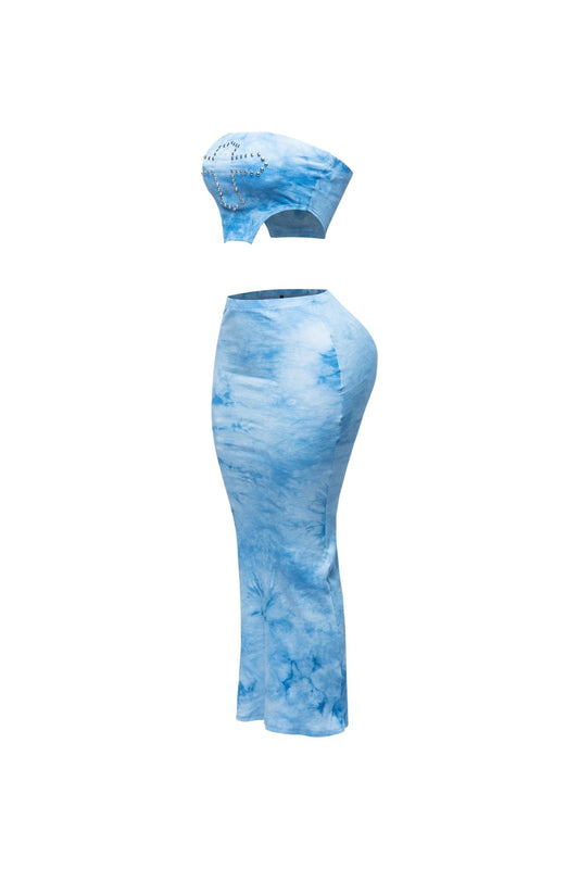 Studded Cross Tie Dye Tube Top And Maxi Skirt - S SKIRT SET for women Vacation Outfits Birthday Dresses Going Out Looks