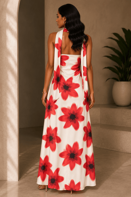 Sunset Bloom Neck Scarf Maxi Dress - Cream dress for women Vacation Outfits Birthday Dresses Going Out Looks