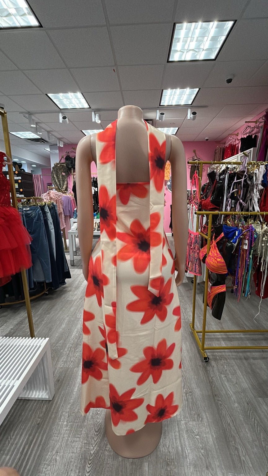 Sunset Bloom Neck Scarf Maxi Dress - Cream dress for women Vacation Outfits Birthday Dresses Going Out Looks
