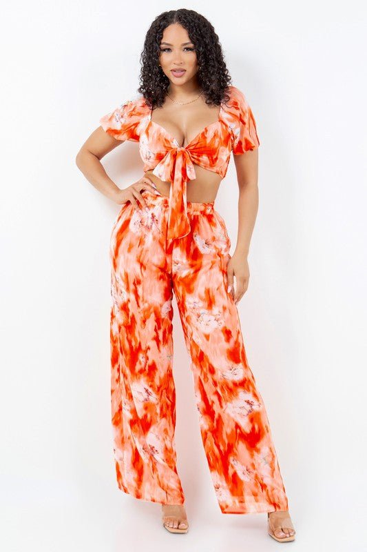 Sunset Bloom Tie - Front Crop Top Pant Set - Orange for women Vacation Outfits Birthday Dresses Going Out Looks