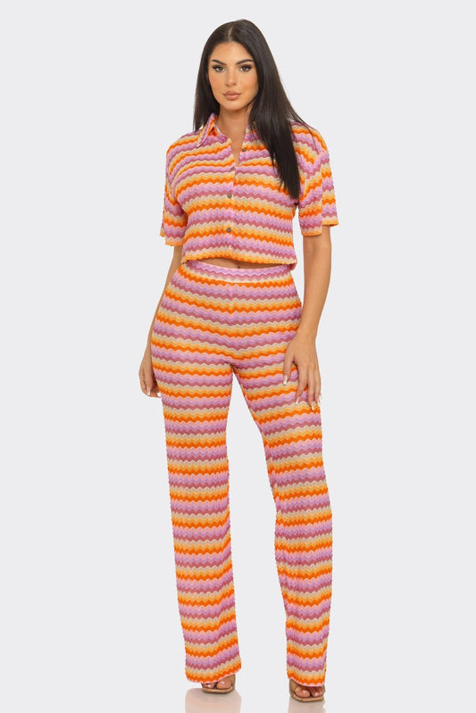 Riviera Crochet Stripe Button - Down Crop Shirt & Flare Pants Set - Pink PANT SET for women Vacation Outfits Birthday Dresses Going Out Looks