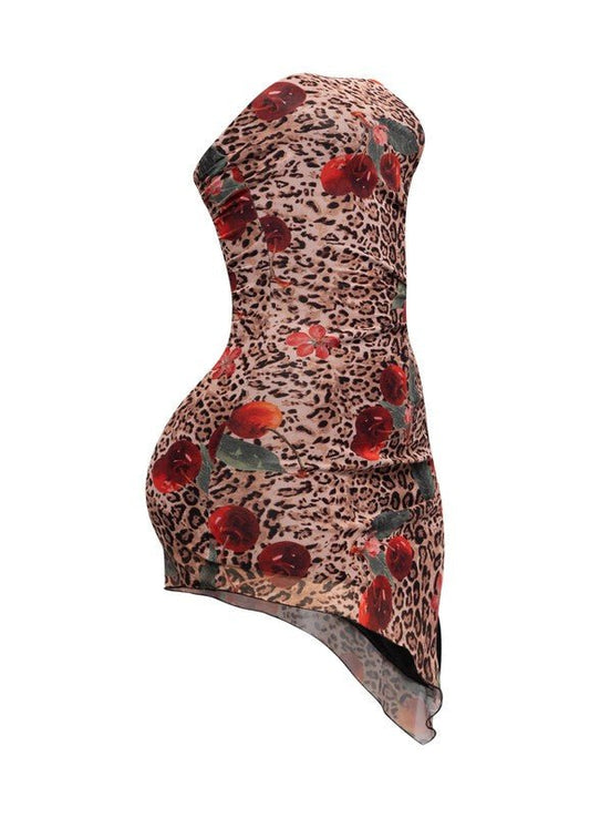 Sweet Cheery Lepoard print strapless asymmetrical dress - S DRESS for women Vacation Outfits Birthday Dresses Going Out Looks