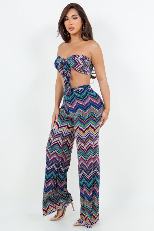 Tahiti Navy/Fuchsia Leaf Print Crop Top & Palazzo Set - S PANT SET for women Vacation Outfits Birthday Dresses Going Out Looks