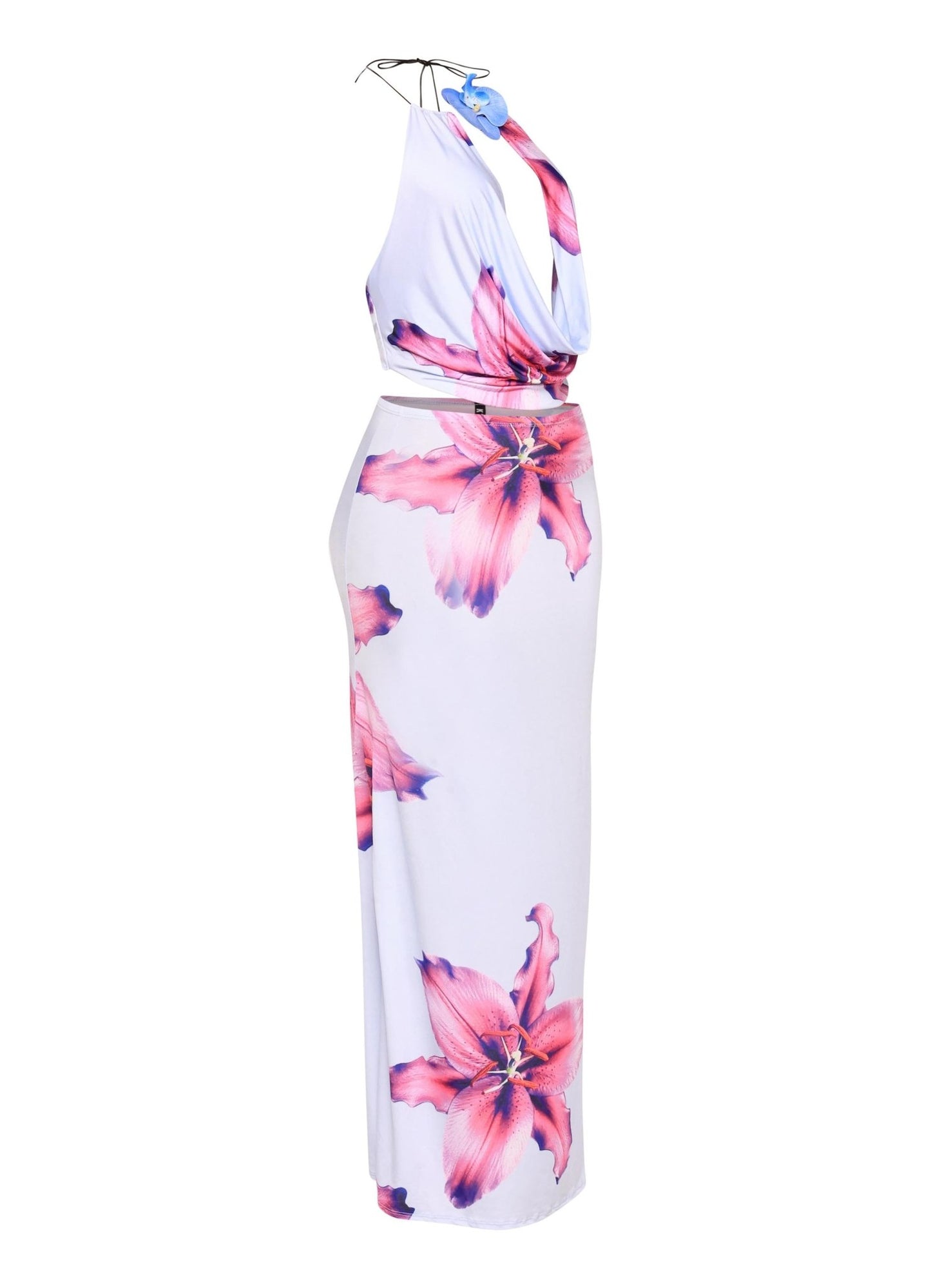 Tahiti Orchid Flower Detailed Halter Top And Skirt Set - Blaire Shops
