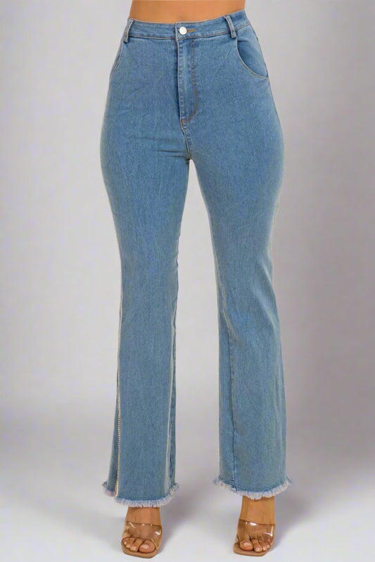 Tamera Rhinestone Trim Side Slit Stretch Denim Pants for Chic Comfort and All - Day Style - L Jeans for women Vacation Outfits Birthday Dresses Going Out Looks
