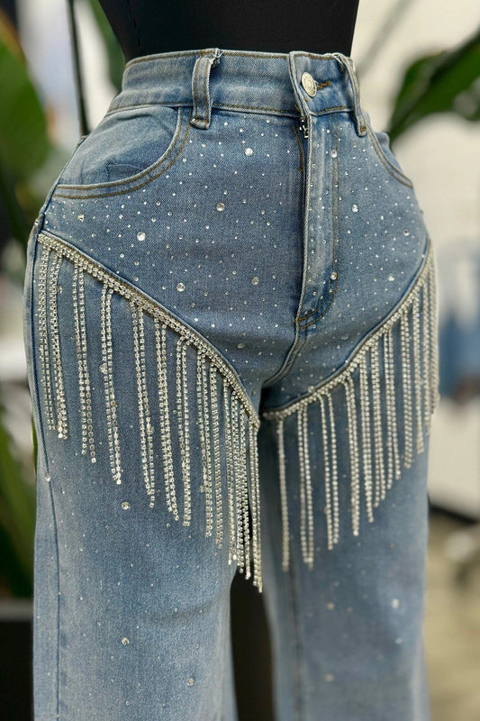 Tara Tassle Stretch Flare Rhinestone Jean - S jeans for women Vacation Outfits Birthday Dresses Going Out Looks