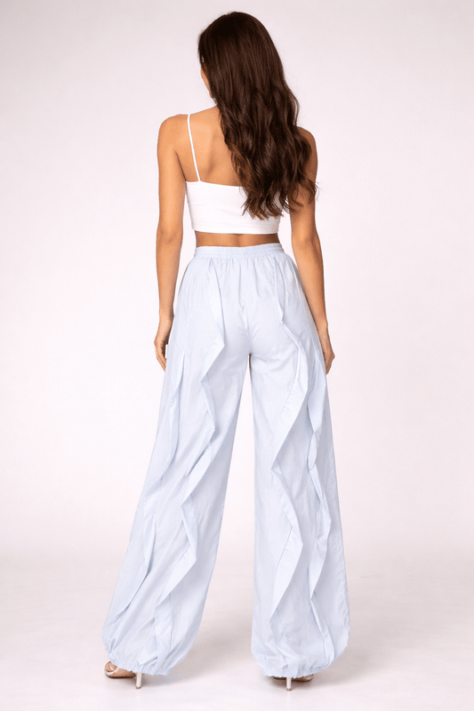 Azure Cascade Ruffle Wide Leg Pants – Flowy Vacation & Resort Outfit Pants for Women - Baby Blue bottoms for women Vacation Outfits Birthday Dresses Going Out Looks