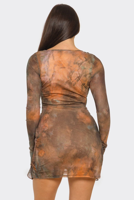 Tie - Dye Power Mesh Mini Dress – Ruffle Trim, Front Slit & Spaghetti Tie Detail - Brown DRESS for women Vacation Outfits Birthday Dresses Going Out Looks