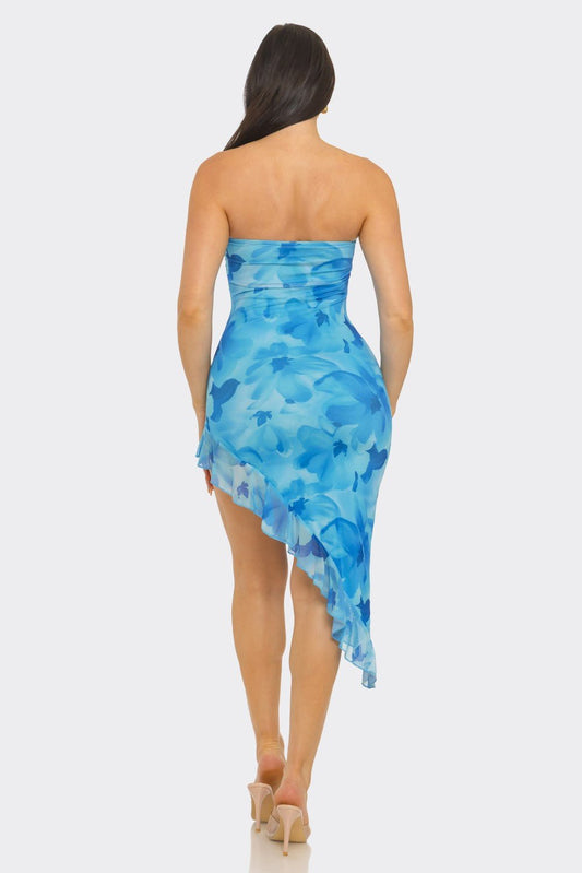 Tropicana Printed Midi Dress With Asymmetrical Skirt - Light Blue for women Vacation Outfits Birthday Dresses Going Out Looks