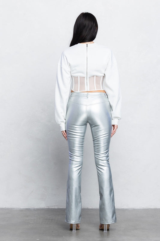 V - Cut Pleather Boot - Cut Pants | Low Rise Trendy Zipper Detail Pants - Silver pants for women Vacation Outfits Birthday Dresses Going Out Looks