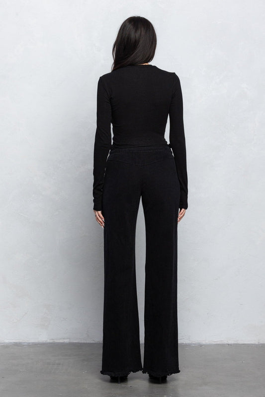 V - Line Folded Detail Destroyed Twill Pants | Raw Hem Street Style - Black bottoms for women Vacation Outfits Birthday Dresses Going Out Looks