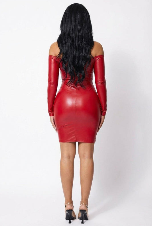 Vegan Leather Off - the - Shoulder Lace - Up Dress - Red DRESS for women Vacation Outfits Birthday Dresses Going Out Looks