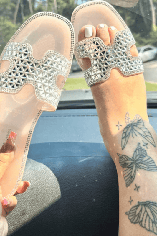 Vegas Luxe Sparkly Rhinestone Slides – Glam Summer Jelly Sandal - Nude SHOES for women Vacation Outfits Birthday Dresses Going Out Looks