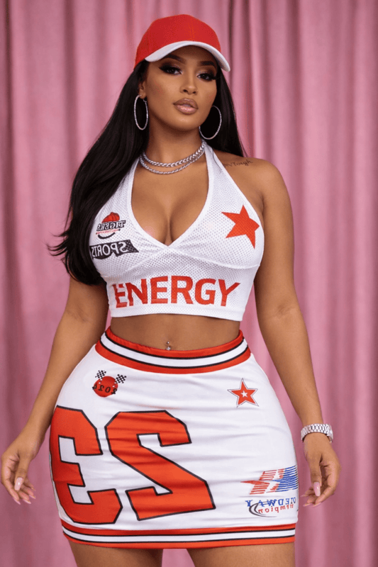 Velocity Jersey Babe Halter Streetwear Skirt Set - White for women Vacation Outfits Birthday Dresses Going Out Looks