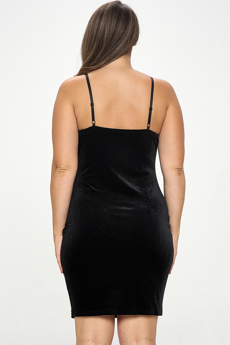 Velours Mini Feather Trim Lush Plus Size Mini Dress - Black for women Vacation Outfits Birthday Dresses Going Out Looks