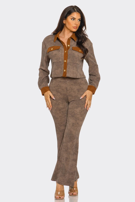 Washed Corduroy Color Block Set – Button Down Collared Top & Flare Pants - Brown PANT SET for women Vacation Outfits Birthday Dresses Going Out Looks