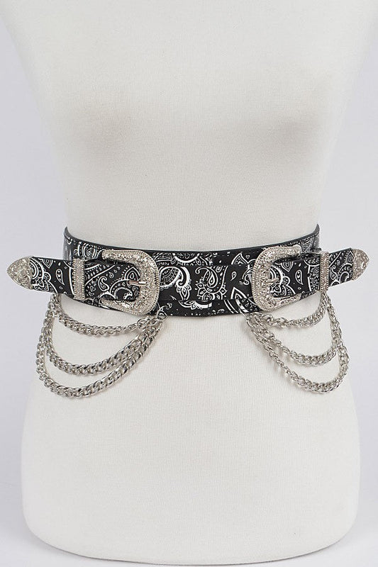 Western Bandana Print Two Buckle Chain Waist Belt - Black for women Vacation Outfits Birthday Dresses Going Out Looks