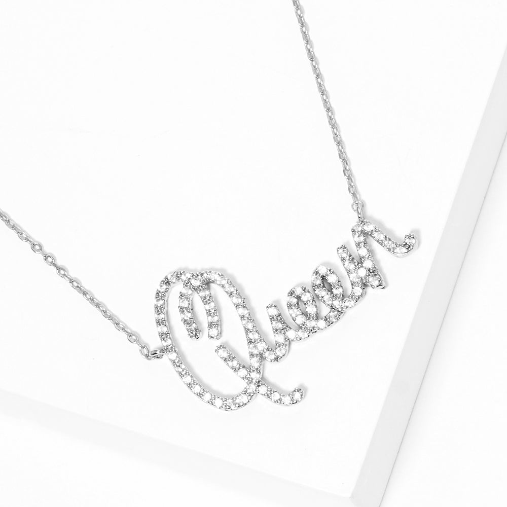 White Gold Dipped CZ Queen Message Pendant Necklace - Blaire Shops