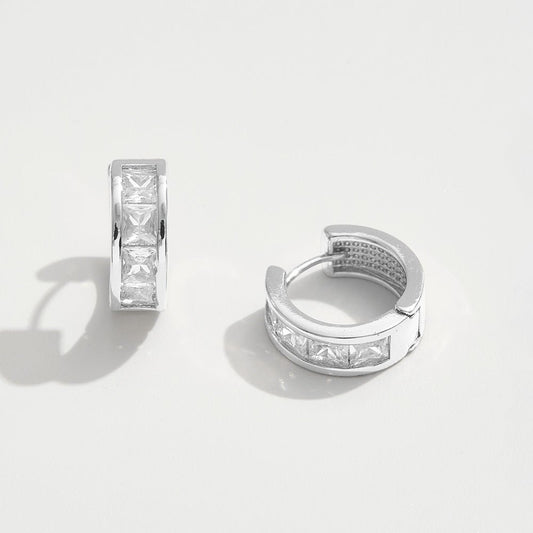 White Gold Dipped Princess Cut CZ Stone Channel Mini Huggie Hoop Earrings - Silver EARRINGS for women Vacation Outfits Birthday Dresses Going Out Looks