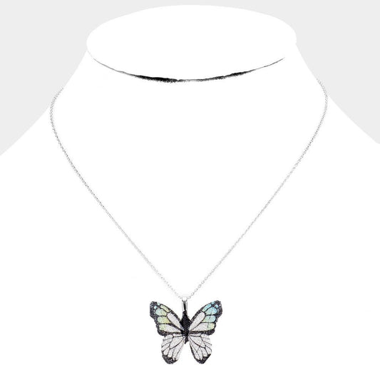 White Gold Dipped Textured Butterfly Pendant Necklace - Silver Necklace for women Vacation Outfits Birthday Dresses Going Out Looks