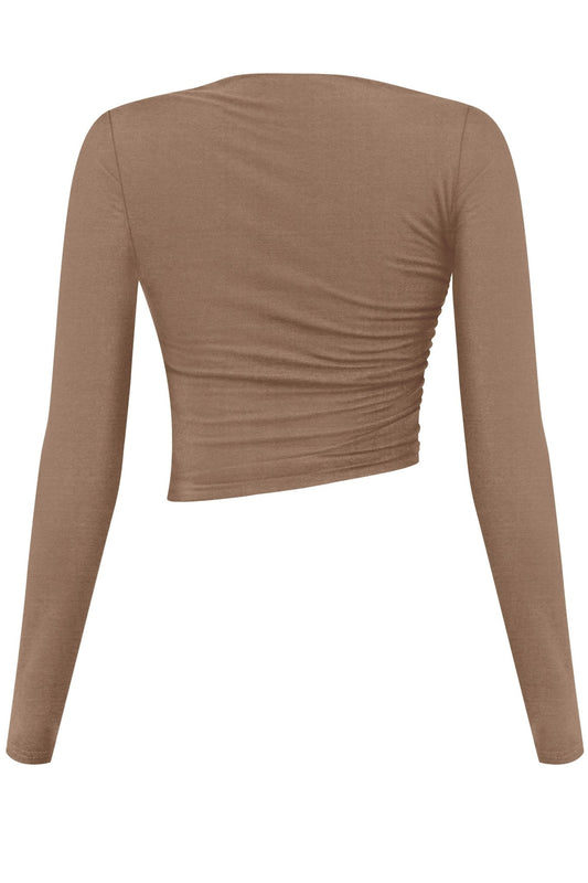 Women’s Long Sleeve Asymmetrical Ruched Crop Top – Bodycon Mini, Made in USA - mocha top for women Vacation Outfits Birthday Dresses Going Out Looks