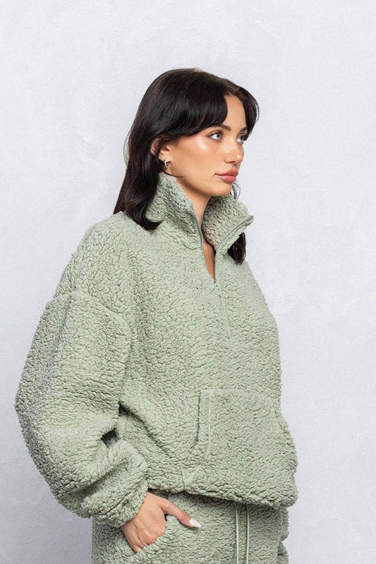 Women’s Teddy Half Zip Loungewear Top and Pant – Ultra Soft Luxury Pullover - Sage top for women Vacation Outfits Birthday Dresses Going Out Looks