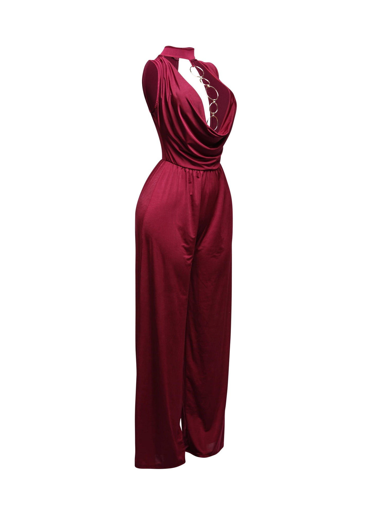 a woman's red jumpsuit with a cowgirl neck