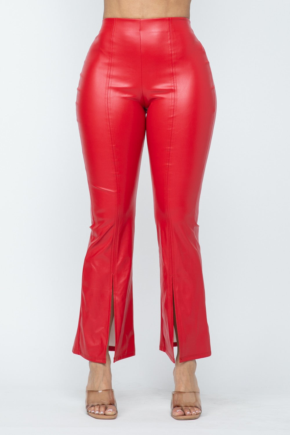 Pantalon évasé taille haute en similicuir Scarlet Stunner à fente avant