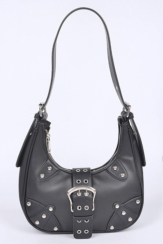 a black purse with studded details on the front