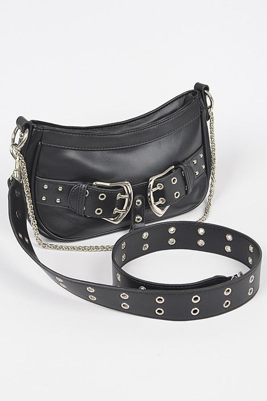 a black leather purse with a chain strap