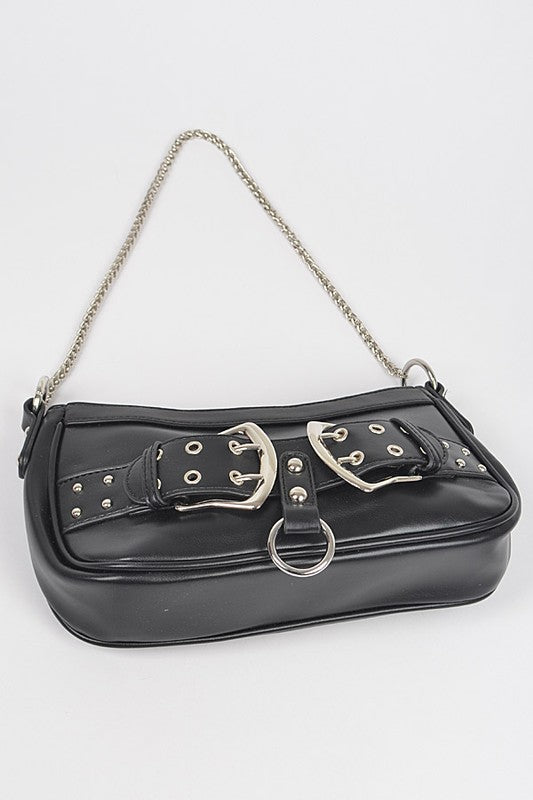 a black purse with a chain attached to it