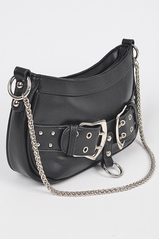 a black purse with a chain strap