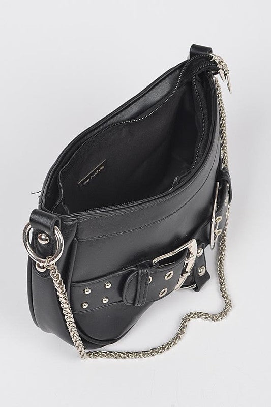 a black purse with a chain strap