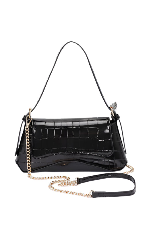 a black handbag with a chain strap