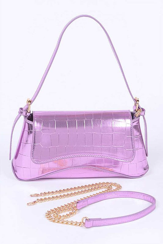 a purple purse with a chain on it