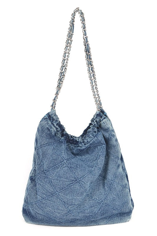 a denim purse with a chain hanging from it