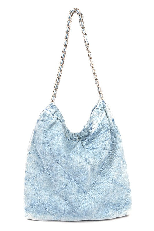 a blue purse with a chain hanging from it