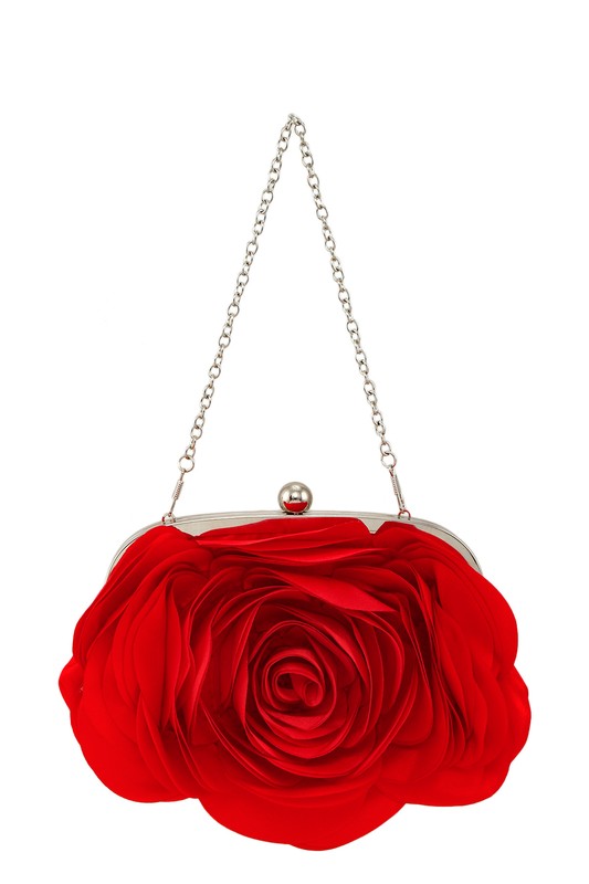 a red rose shaped clutch bag hanging from a chain