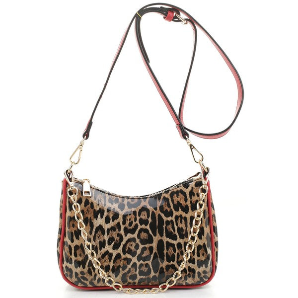 a leopard print purse with a chain strap